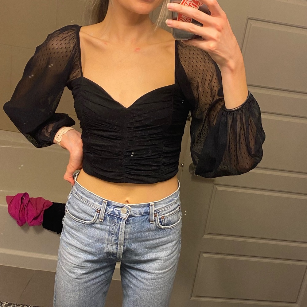 Socialite mock corset crop top with mesh sleeves